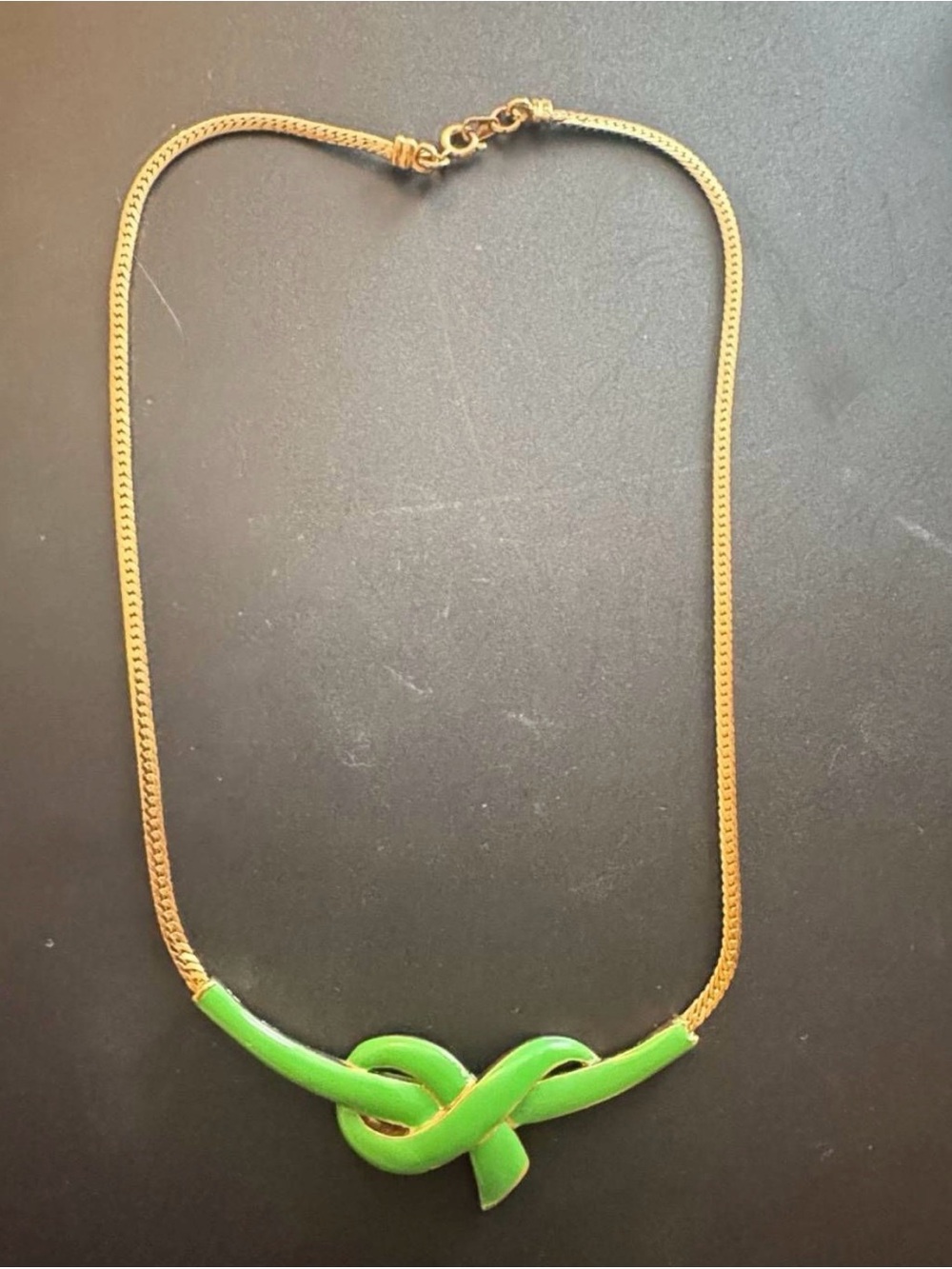 Modernist Necklace with Green Enamel Knot Pendant